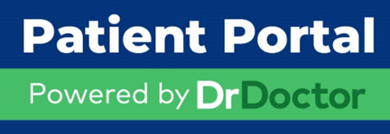 A blue and green sign with white text reads "Patient Portal, Powered by DrDoctor".