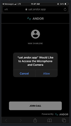 iPhone screen showing an example of a pop up from andor asking for access to the Microphone and Camera