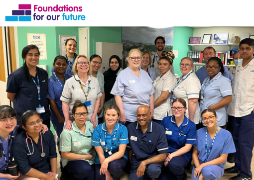 A large group of our staff outside a ward and the Foundations For our Future logo