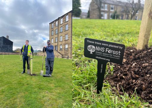 Will and Sam planting the saplings with an official plant ID tag showing the NHS Forest branding