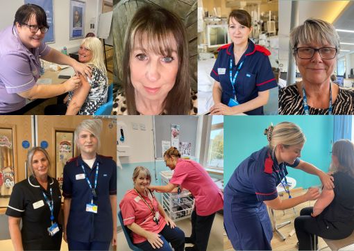 A selection of images showing some colleagues having vaccines, plus Tracy Burland, Pam Wood and Jacqui Booth