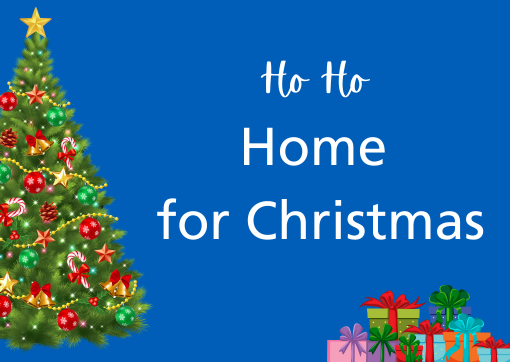 A blue background with a graphic of a Christmas tree with lights and a stack of presents