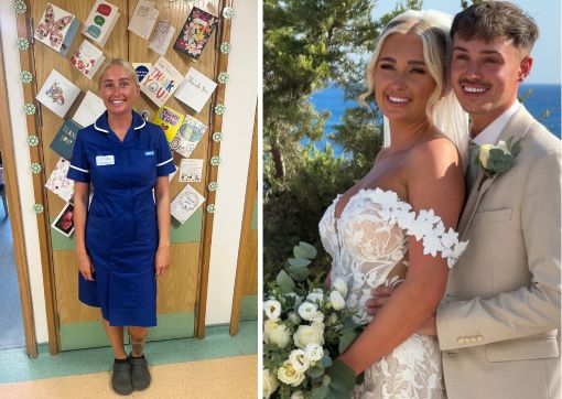 Photo left: Jess in her nursing uniform. Photo right: Jess on her wedding day