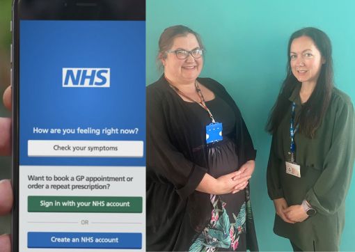 Two photos. One showing the NHS app on a smartphone, and the other showing our staff Emily and Clare who are working on the project