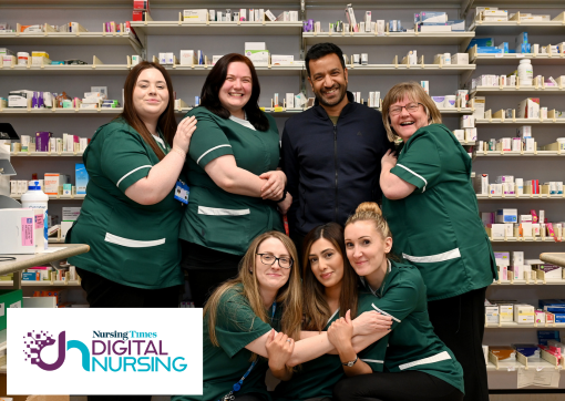A group of our smiling pharmacy colleagues in their dark green uniforms