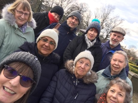walking group smiling