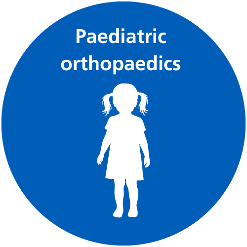 A blue circle with white text which reads 'Paediatric orthopaedics' and a white icon.