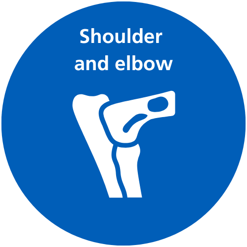 A blue circle with white text which reads 'Shoulder and elbow' and a white icon.
