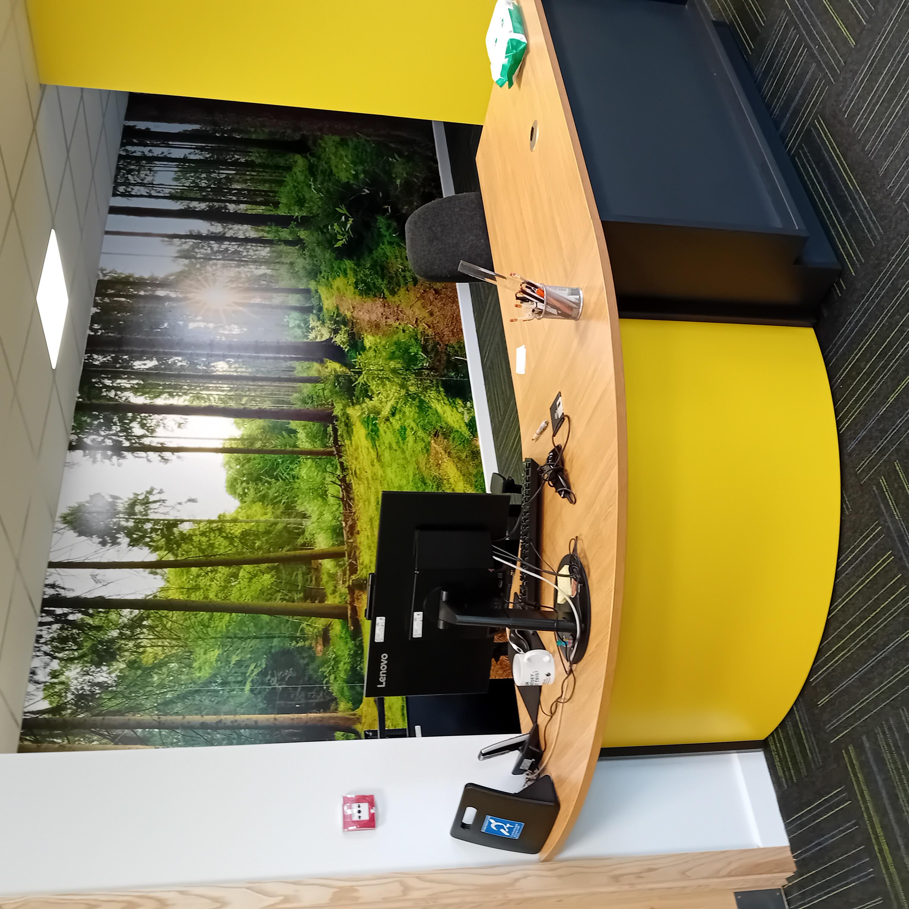 A curved reception desk with a forest themed background and white/yellow walls.