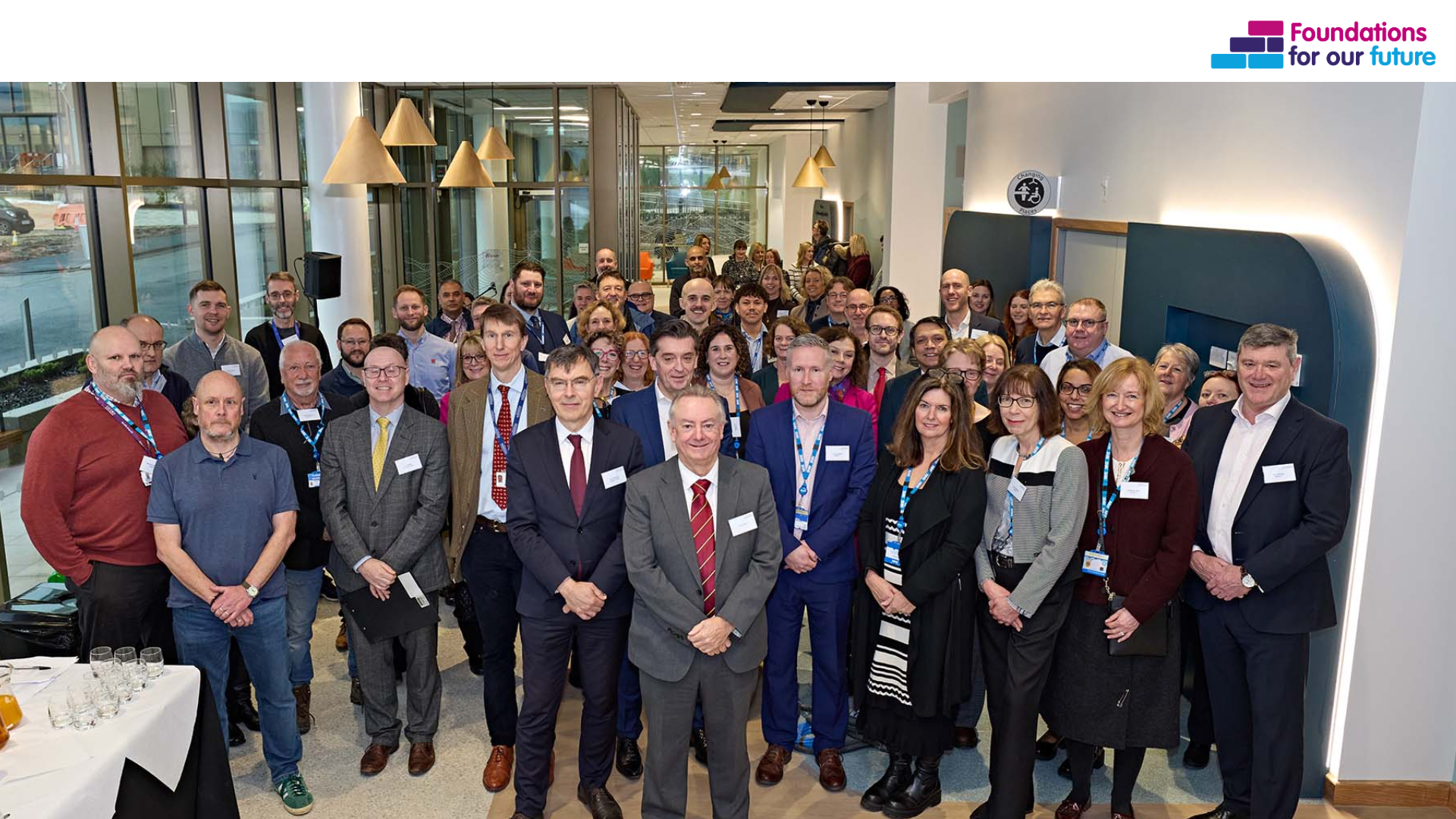 A photo of colleagues from CHFT, The University of Huddersfield and Kier at the Emily Siddon preview event, taken in the Southgate CDC reception