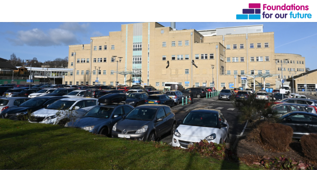 An image of the women's and children's car park at Calderdale Royal, with the Foundations for our Future logo