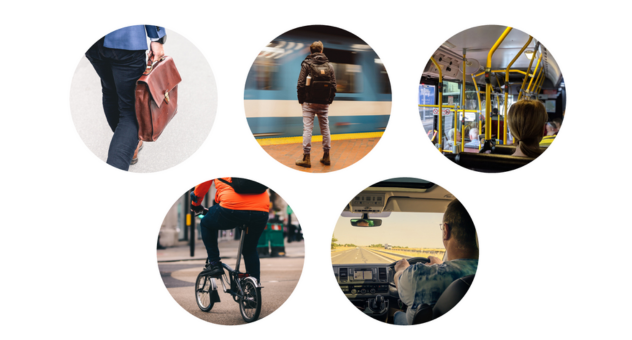 A series of images showing different ways to travel, including walking, public transport and car