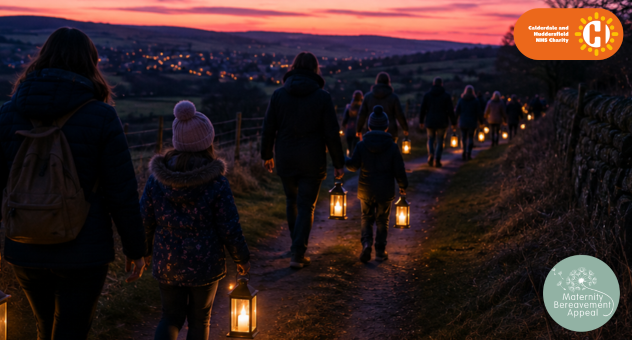 A shot of people walking at dusk in a line carrying lanterns. Incudes charity logos 