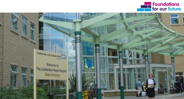 An image of the main entrance at CRH and the Foundations for our Future logo