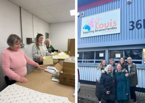 Two images. First shows the team packing boxes and the second is the group outside the 4Louis building