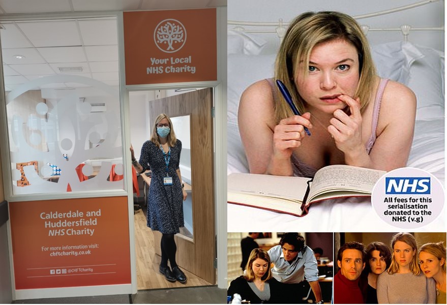 Fundraising manager Emma Kovaleski, left, and a selection of images of Bridget Jones characters