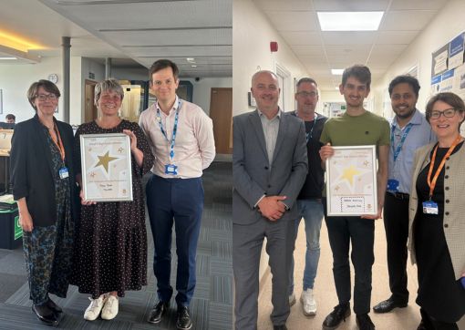 Photo left: Vicky, Jacqui and Rob. Photo right: Daniel with his colleagues receiving his award