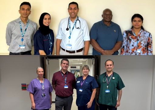 Pictured top, left to right:  Dr Rangaprasad Karadi - Medical Consultant and Research Principal Investigator Zuleikha Mulla – Research Healthcare Professional and Research Lead Dr Raafat Yousab – Medical Consultant and Research Co-Investigator Watson Chitauro – Clinical Trials Assistant Swapna Jose – Microbiology Lead Pictured bottom, left to right:  Amanda Shaw - Advanced Clinical Practitioner Dr Joseph Quinn – Medical Consultant and Research Co-Investigator Alison Abbott – Research Nurse Dr Kamran Turyalay – Medical Consultant and Research Co-Investigator