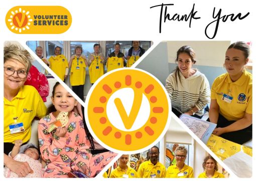 A collage of some of our volunteers, with the service logo and the words thank you