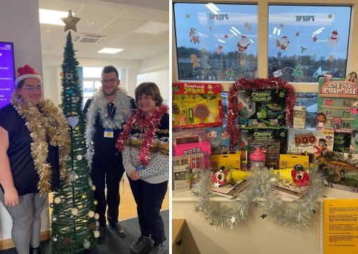 Simone, Ben and Andrea and the pile of gifts before they were taken to Brian Jackson House