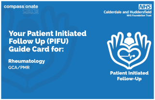 Compassionate care and the NHS CHFT logo at the top. The PIFU logo is at the bottom right. Bottom left, it reads, "Your Patient Initiated Follow up (PIFU) Guide Card for: Rheumatology GCA/PMR."