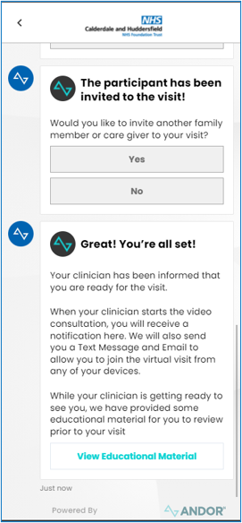 An example showing Confirmation of that the participant has been invited to the visit and that you're all set