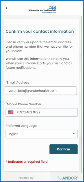 An example showing a screen to Confirm your contact infomation and Preferred Language