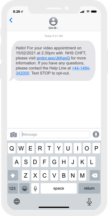 iPhone screen showing example text message from Andor