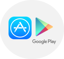 Apple App Store icon and Google Play icon.