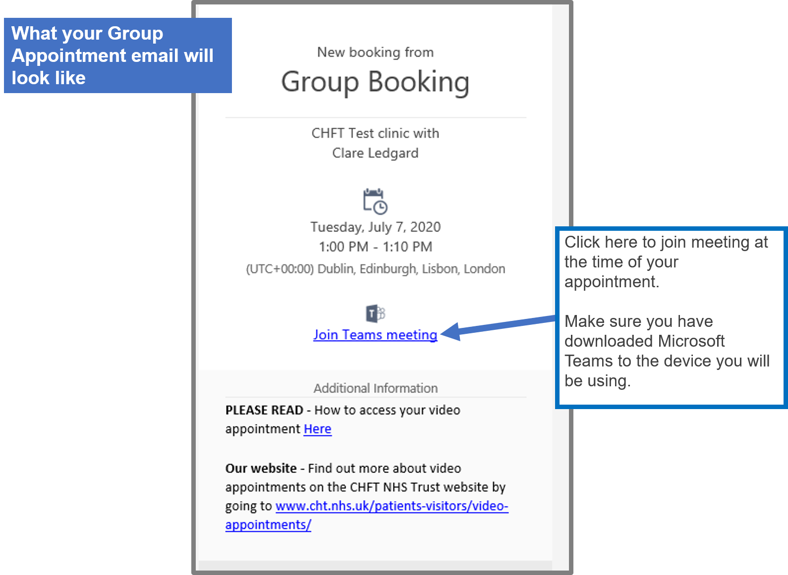 An example Group Video Appointment Email
