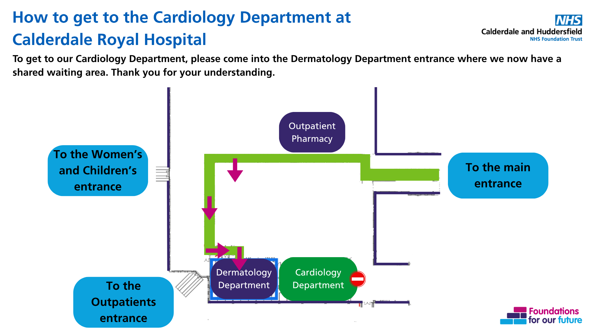 A map showing the diversion route to the Cardiology Department which will be next to Dermatology from mid-July 2026