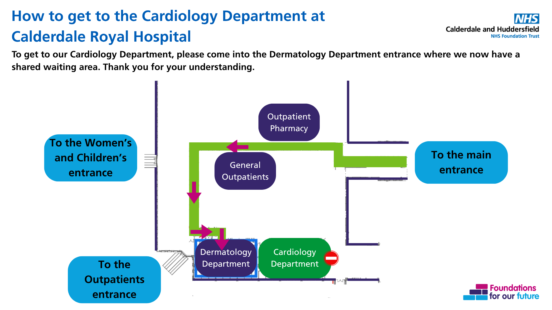 A map of how to access the cardiology department via dermatology