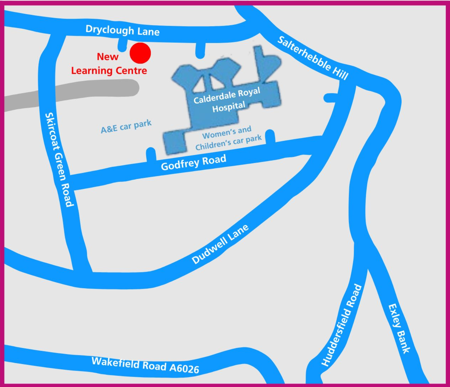 A map of Calderdale Royal Hospital site with the Learning Centre location marked, hyperlinked to What 3 Words location.