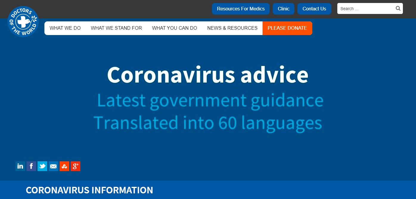 Doctors of the World website page. Coronavirus advice. Latest Government advice translated into 60 languages. 