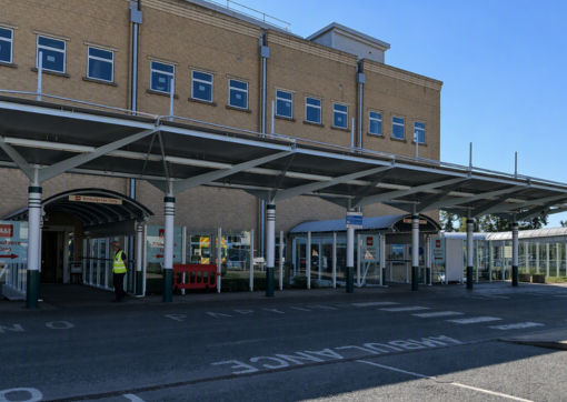 A photo of the canopy above the A&E entrance at Calderdale Royal Hospital
