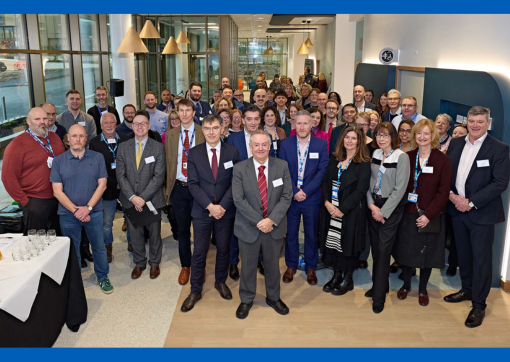 A group photo of colleagues from CHFT, The University of Huddersfield, Kier and invited guests in the CDC reception area, taken at the preview event