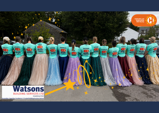 A photo of some of the maternity team with imposed ball gowns and matching t-shirts sponsored by Watsons