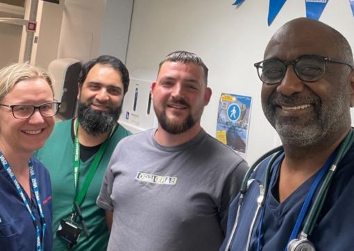 From left to right: Lisa (Research Nurse), Mohammed Allah-Ditta (Specialist pharmacist), Jordan (patient) and Dr Yousif (Gastroenterology consultant).