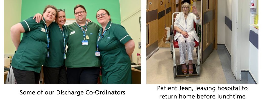 An image of four of our discharge team smiling at the camera on the left and on the right, patient Jean leaving hospital in time to get home for lunch