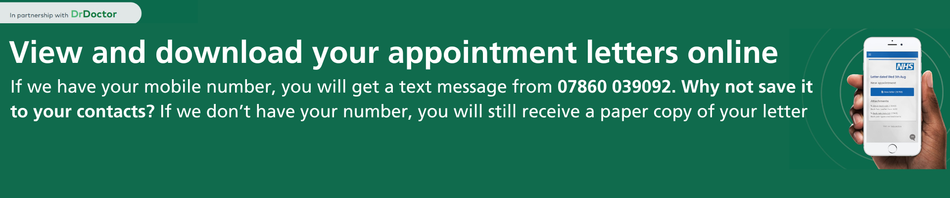 Image of a hand holding a mobile phone with an NHS appointment letter notification. If you or a loved one receives a text from 07860 039092, it is a genuine number and contains details of the appointment and any extra information